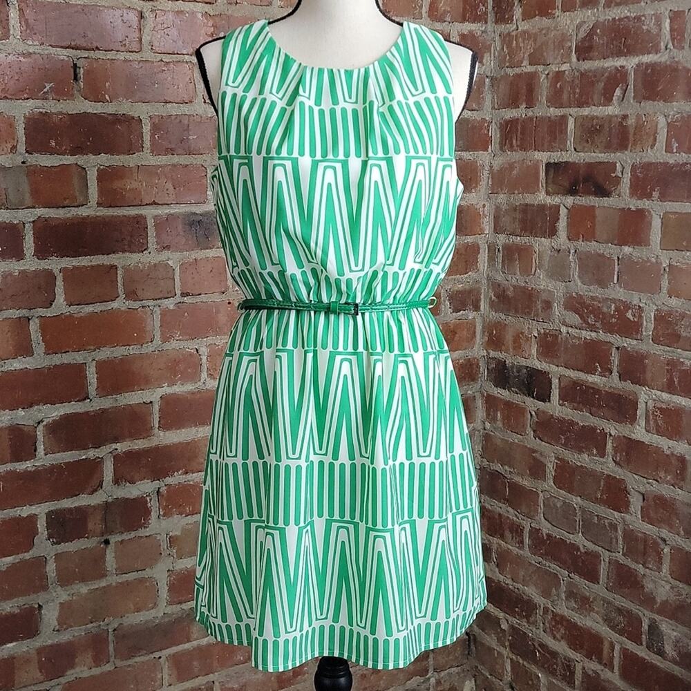 Pink Owl Apparel‎ belted sleeveless green and white geometric print dress L